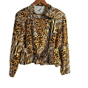 SPENSER JEREMY size M 100% SILK Moto  JACKET ANIMAL PRINT Padded shoulder zip up